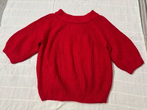 Red Puff Sleeves Cable Knit Pullover