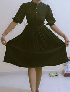 Black Accordian Pleated A-Line Dress
