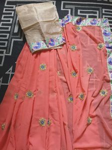 Coral Peach Embroidered Saree With Blouse Piece