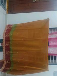 Elegant Gold Chiffon Saree with Floral Border