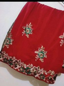 Maroon &amp; Green Party Wear Saree Without Blouse