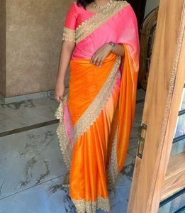 Pink and Orange Saree with Lace