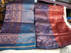 New Ras Malai Silk Saree Set - Blue &amp; Red