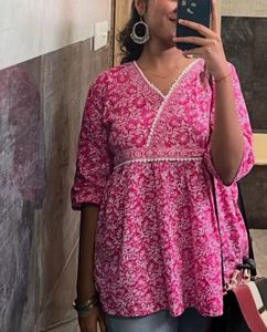 Pink Floral Print Short Kurti/ Top