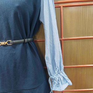 Blue Mini Dress with Striped Sleeves