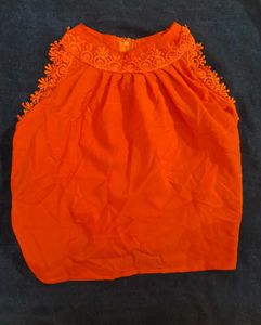 Orange Halter Neck Crop Top With Lace Borders Y2k
