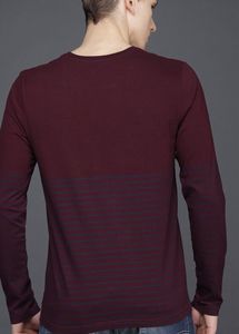 WROGN Men Maroon Navy Striped Slim Fit Round Neck