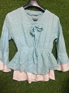 Cute Blue Tie-Neck Top