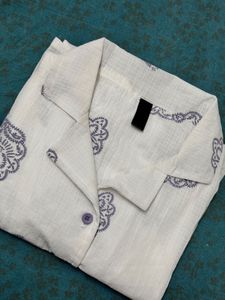 White and Lavender Cotton Printed Button Shir