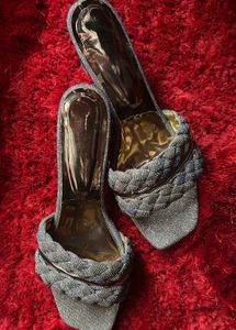 Iridescent silver kitten heels