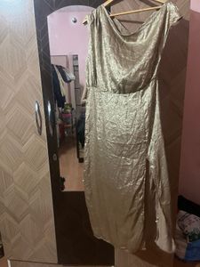 Gold Asymmetrical Neck Midi Slit Dress