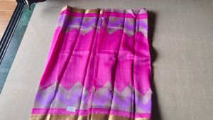 Magenta Tissue Saree with Silver Zari Border