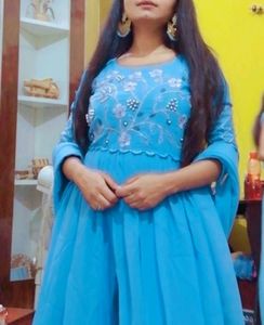 Blue Front Slit Kurti With Plazoo And Dupatta