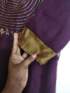 Wine Colour Kurtha With Gold Beads Hand embroidere