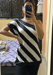 Satin Black And White Short Kurti Top