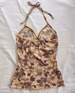Vintage Y2K Floral Halter Top – Soft Blush &amp; Mauve