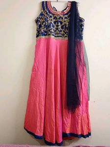Navy Blue And Pinkish Red Anarkali Suit