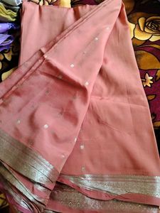 Peach Saree with Silver Border