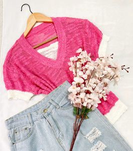 Korean Pink Oversized V-Neck Knit Top B