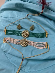 Two Kundan Necklaces With Common Earrings