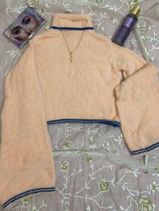 Turtle Neck Furry Sweater With Huge Bell Sleeves