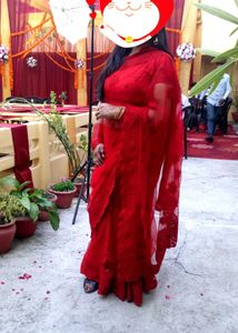 Red Embellished Saree With Blouse And Peticoat