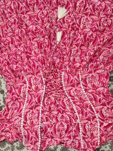 Pink Floral Print Peasant Dress