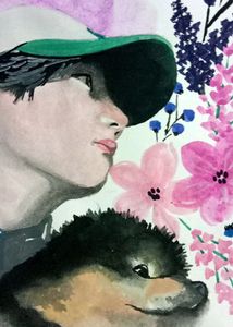 Beautiful Handmade Watercolor Painting Of Kim Taehyung With His Pet Dog