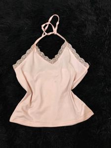 Pink Halter Neck Lace Fem Fitted Top