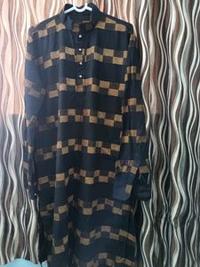 Pure Cotton Black with Golden Horizontal lining Mens Kurta with Length 39 ,Chest 22 ,Waist 20