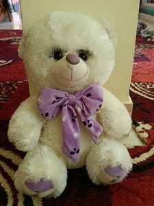 White With Purple Ribbon Teddy Bear