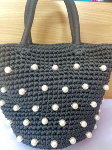 Black Crochet Pearl Embellished Bag