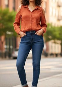 Being Human Cold Shoulder Button Down & Jeans
