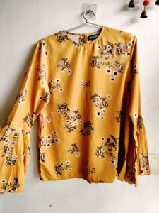 Mustard Floral Printed Top With Bell Sleeves