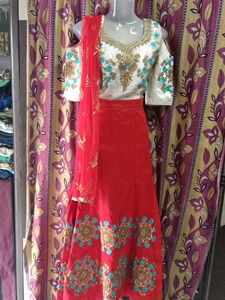 Red &amp; White Embroidered Lehenga