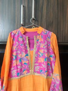Orange &amp; Floral Anarkali Dress