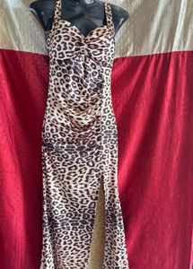 Leopard Print Ruched Slit Bodycon Maxi Dress