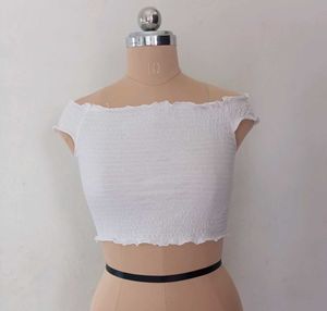 White Smocked Off-the-Shoulder Crop Top