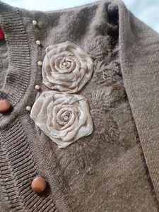 Brown Knit Cardigan with Floral Detail
