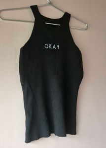 Black Solid Ribbed Top