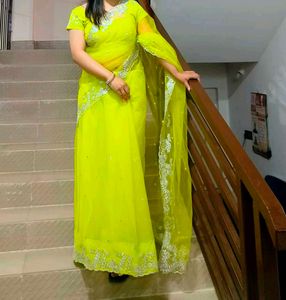 🦋Lime Green Embroidered Saree🦋
