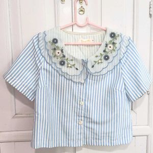Striped Top w/ Embroidered Collar