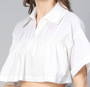 Women’s White Cotton Cropped Blouse Puff Sleeve
