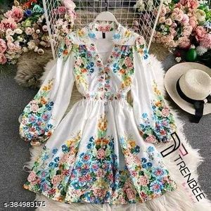 Puff Sleeve Stylish Floral Printed Dress For Women