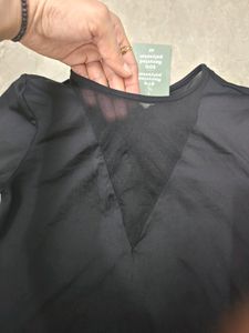 New Sheer Neckline Black Fitted Top