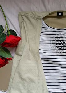 Stylish Striped Top with Light Beige Shrug