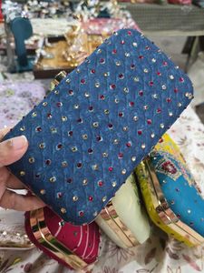 Blue Bandej Stones Hand Clutch With Sling