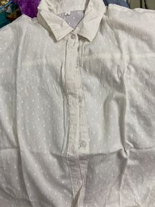 Chic White Swiss Dot Button-Up Shirt - Medium