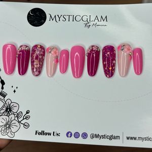 Pink Floral Nails For Party 🎉