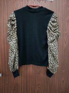 Black Top with Leopard Print Puff Sleeves
